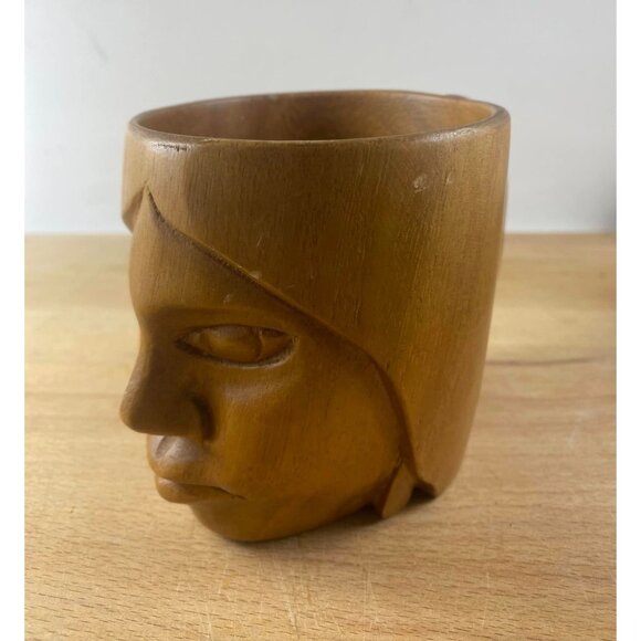 Boho Hand Carved Wooden Mug With Face Design & Handle Tiki Phillipines Boho - Picture 2 of 6